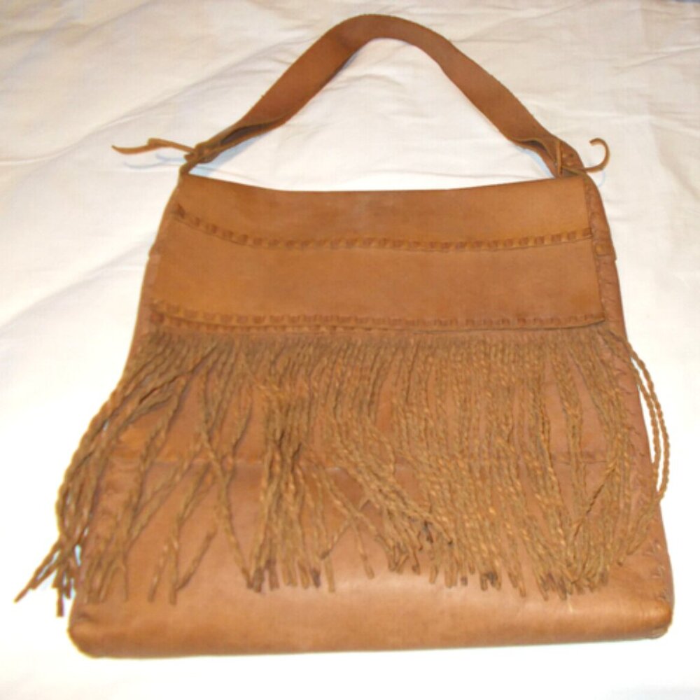 Vintage~J. Peterman Huge Leather Mail Bag Hobo Boho Fringe Satchel Purse